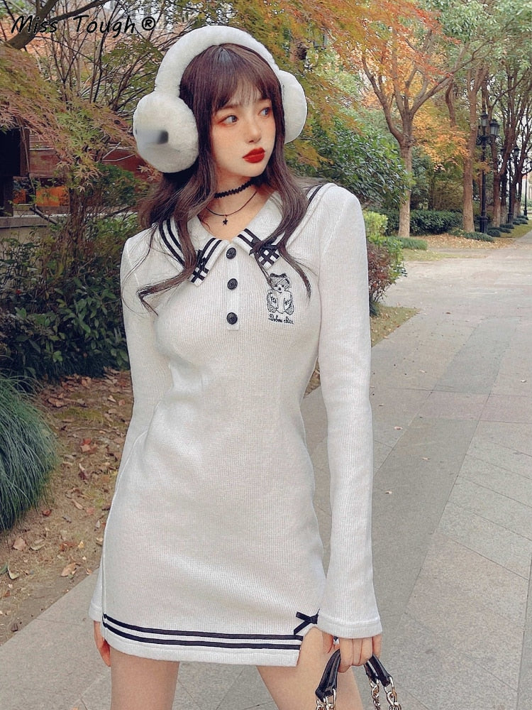 Back to school outfit Solvbao  Japanese Pink Sweet Kawaii Dress Women Bodycon Elegant Sexy Party Mini Dress Female White Knit Casual Korean Fashion Dress K117