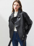 Black Friday Sales Spring Autumn Faux Leather Jacket With Belt Women Casual Loose Biker Outwear Female BF Black Leather Coat