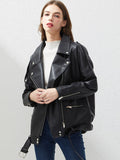 Black Friday Sales Spring Autumn Faux Leather Jacket With Belt Women Casual Loose Biker Outwear Female BF Black Leather Coat