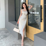 Solvbao Summer Fashion Women Elegant White Satin French Dress Sexy Square Collar Silk Long Bodycon Dress Wedding Cocktail Prom Dresses