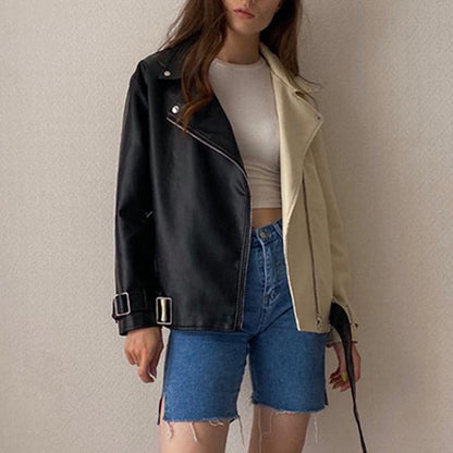 Black Friday Sales New Autumn Women Lapel Black Beige Splicing Pu Leather Jacket With Belt Moto Bike Soft Faux Leather Coat Loose Outwear