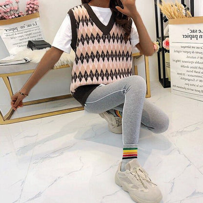 Christmas Gift Argyle Sweater Vest Women Sweater Vest Loose  Fall Winter New Preppy Young Girls Pullover Sweater Top Waistcoats Fit Female