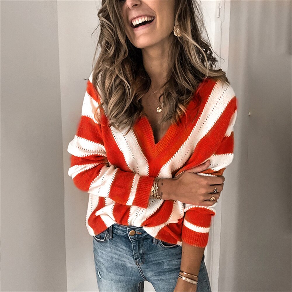 Christmas Gift  Womens Color Block Striped V Neck Sweater for Women Long Sleeve Knit Pullover Jumper Tops Casual Knitted Sweater Leopard