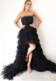 solvbao Black A-Line Tulle High Low Prom Dresses, Black Strapless Evening Dress