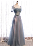 solvbao Grey Tulle Long Prom Dresses, A-Line Evening Dresses