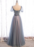 solvbao Grey Tulle Long Prom Dresses, A-Line Evening Dresses