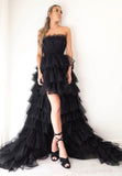 solvbao Black A-Line Tulle High Low Prom Dresses, Black Strapless Evening Dress