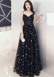 solvbao Black Tulle Long A-Line Prom Dresses, Black Star Evening Dresses