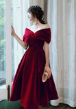 solvbao Burgundy Velvet Short Prom Dresses, A-Line Off the Shoulder Evening Dresses