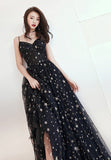 solvbao Black Tulle Long A-Line Prom Dresses, Black Star Evening Dresses