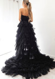 solvbao Black A-Line Tulle High Low Prom Dresses, Black Strapless Evening Dress