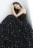 solvbao Black Tulle Long A-Line Prom Dresses, Black Star Evening Dresses