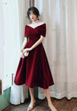 solvbao Burgundy Velvet Short Prom Dresses, A-Line Off the Shoulder Evening Dresses