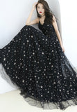 solvbao Black Tulle Long A-Line Prom Dresses, Black Star Evening Dresses