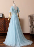 solvbao Blue V-Neck Lace Long Prom Dresses, A-Line Evening Dresses