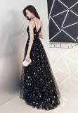 solvbao Black Tulle Long A-Line Prom Dresses, Black Star Evening Dresses