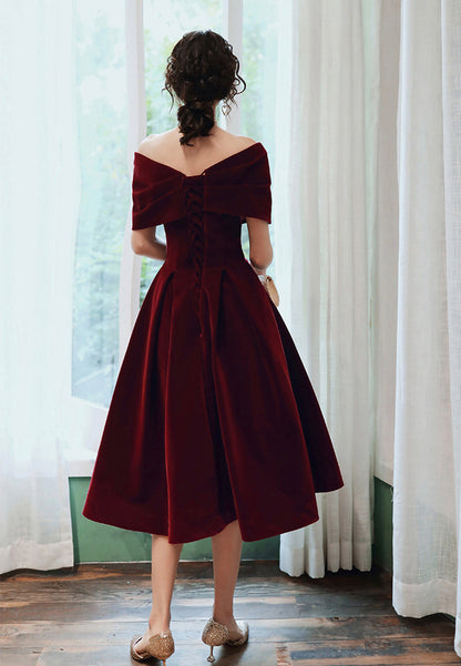 solvbao Burgundy Velvet Short Prom Dresses, A-Line Off the Shoulder Evening Dresses