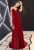 solvbao Burgundy Velvet Long Prom Dresses, Spaghetti Strap Evening Dresses