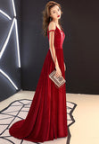 solvbao Burgundy Velvet Long Prom Dresses, Spaghetti Strap Evening Dresses