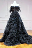 solvbao Black Tulle Long Ball Gown, A-Line Off the Shoulder Evening Gown