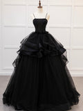 solvbao Black Spaghetti Strap Tulle Long Prom Dress with Beaded, A-Line Tulle Layers Formal Gown