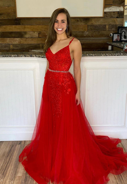 solvbao Red Lace Long Prom Dresses, A-Line Backless Evening Dresses