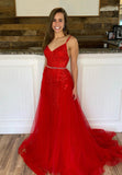 solvbao Red Lace Long Prom Dresses, A-Line Backless Evening Dresses