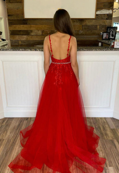 solvbao Red Lace Long Prom Dresses, A-Line Backless Evening Dresses