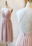 solvbao Pink V-Ncek Chiffon Prom Dresses, A-Line Backless Short Dresses