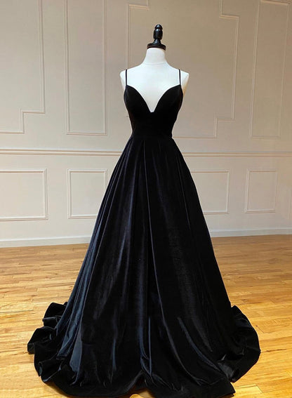 solvbao Black A-Line Velvet Long Prom Dresses, Black Evening Dresses