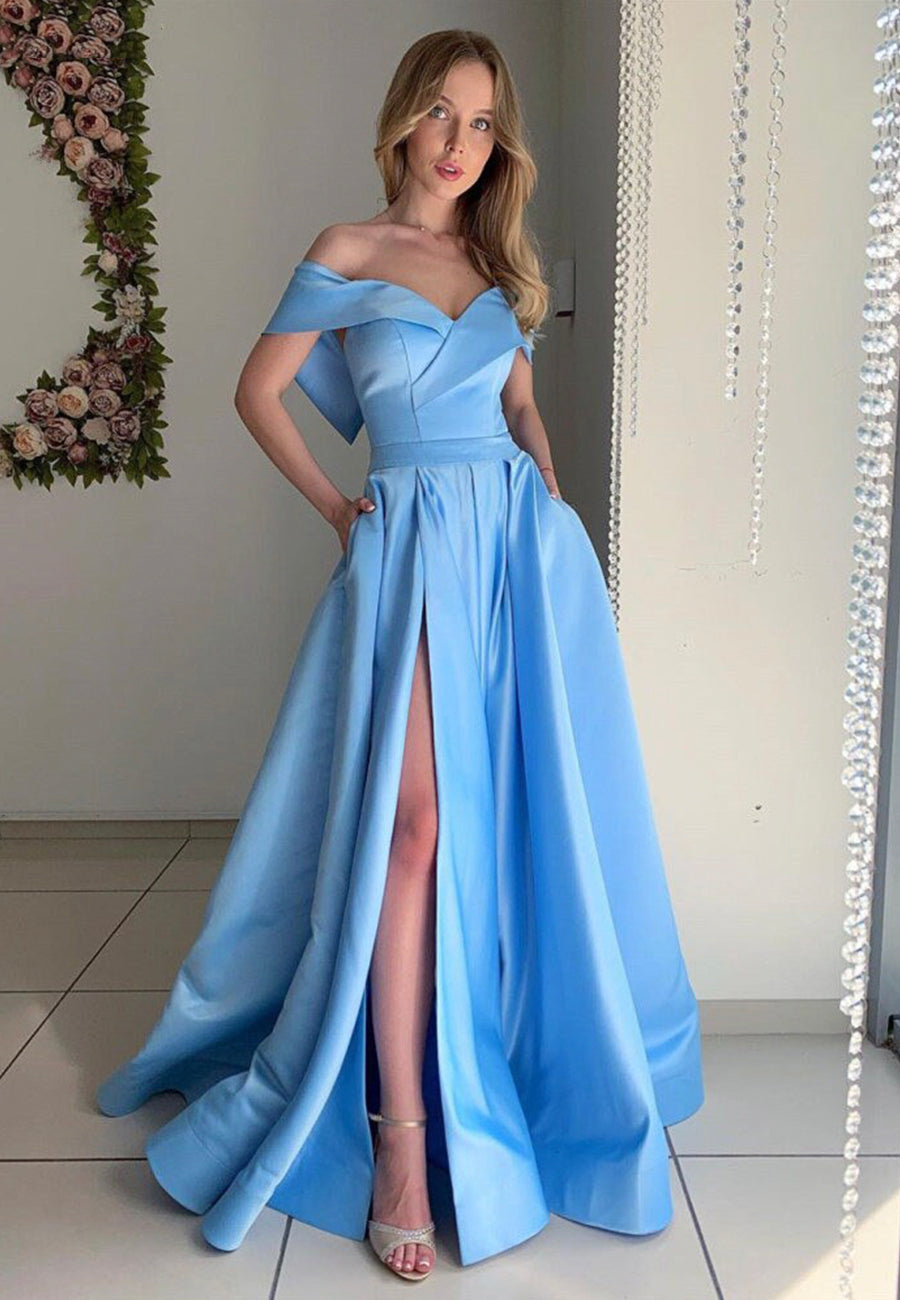 solvbao Blue Satin Long Prom Dresses, A-Line Off the Shoulder Evening Dresses