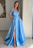 solvbao Blue Satin Long Prom Dresses, A-Line Off the Shoulder Evening Dresses