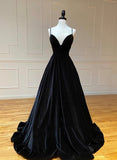 solvbao Black A-Line Velvet Long Prom Dresses, Black Evening Dresses