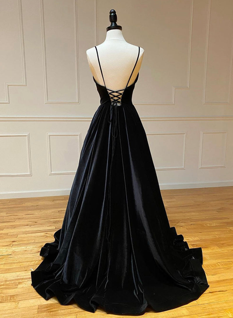 solvbao Black A-Line Velvet Long Prom Dresses, Black Evening Dresses