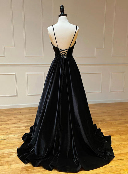 solvbao Black A-Line Velvet Long Prom Dresses, Black Evening Dresses