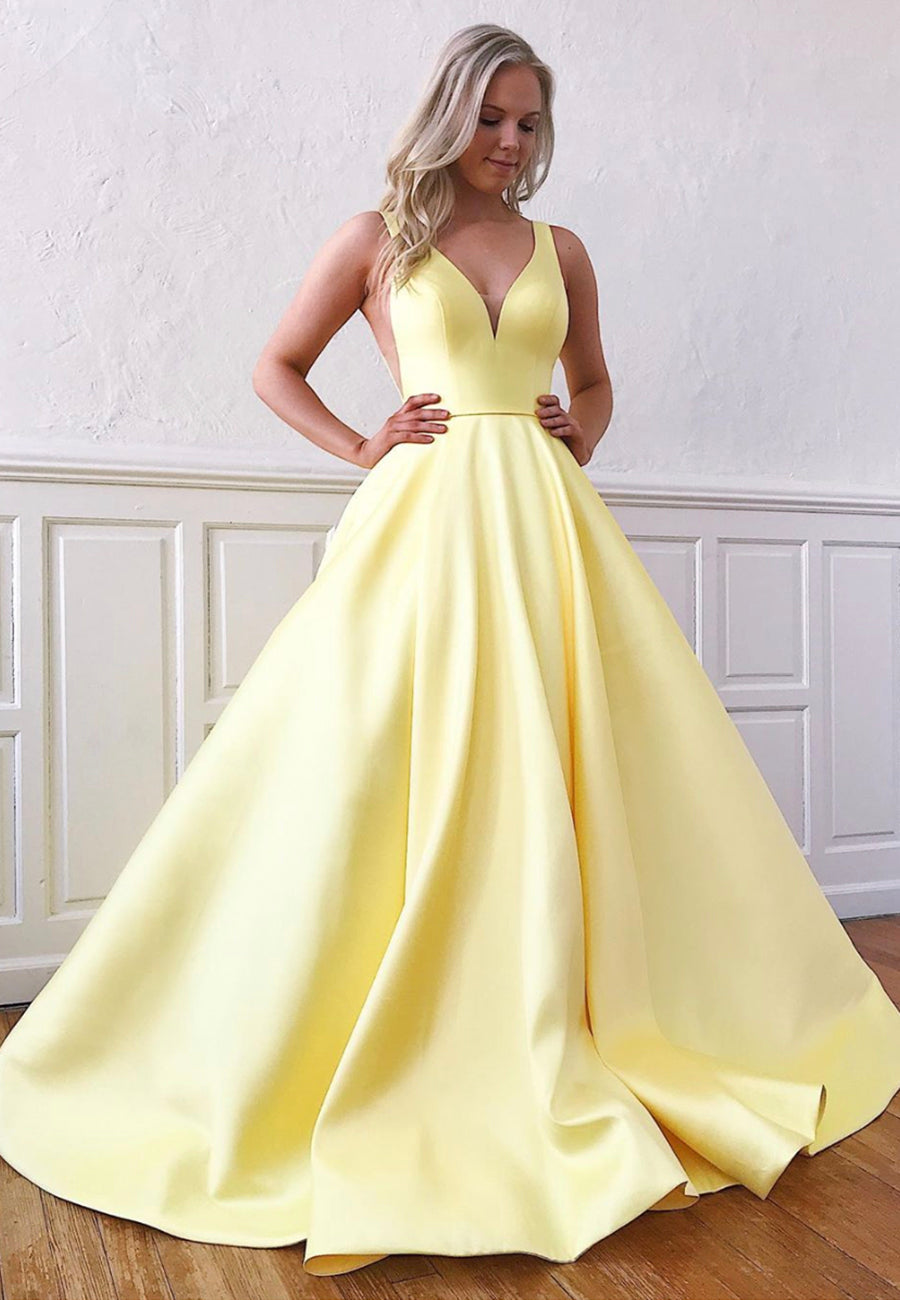 solvbao Yellow Satin Long Prom Dresses, A-Line Evening Dresses