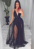 solvbao Black V-Neck Tulle Long Prom Dresses, A-Line Backless Evening Dresses