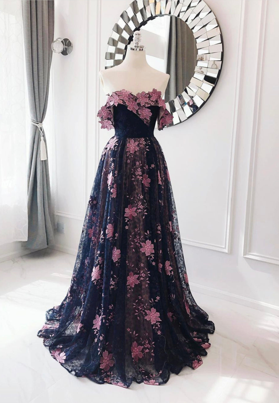 solvbao Black Lace Long A-Line Prom Dresses, Black Evening Dresses