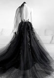 solvbao Black Lace Long Prom Dress, A-Line Backless Evening Dress