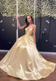 solvbao Yellow Satin Long Prom Dresses, A-Line Backless Evening Dresses