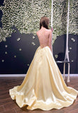 solvbao Yellow Satin Long Prom Dresses, A-Line Backless Evening Dresses