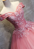 solvbao Pink Lace Long Prom Dresses, A-Line Off the Shoulder Evening Dresses