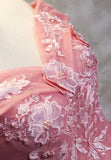 solvbao Pink Lace Long Prom Dresses, A-Line Off the Shoulder Evening Dresses