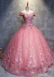 solvbao Pink Lace Long Prom Dresses, A-Line Off the Shoulder Evening Dresses