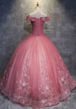 solvbao Pink Lace Long Prom Dresses, A-Line Off the Shoulder Evening Dresses