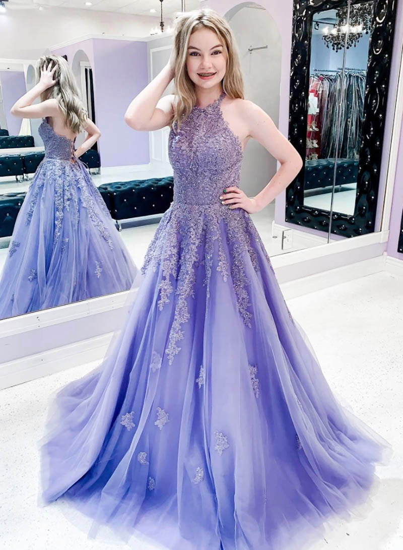 solvbao Purple Lace Long Prom Dresses, A-Line Backless Evening Dresses