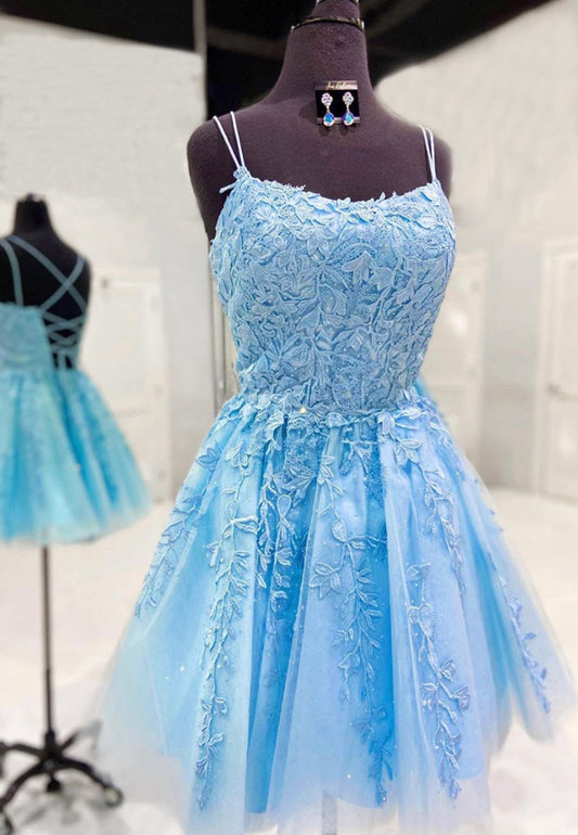 solvbao Blue Tulle Short Prom Dresses, A-Line Lace Evening Dresses