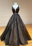 solvbao Black V-Neck Lace Long Prom Dresses, A-Line Evening Dresses