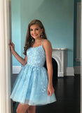 solvbao Short Blue Lace A-Line Prom Dresses, A-Line Homecoming Dresses