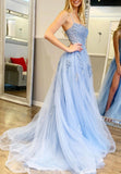 solvbao A-Line Spaghetti Strap Long Prom Dresses, Blue Lace Evening Dresses